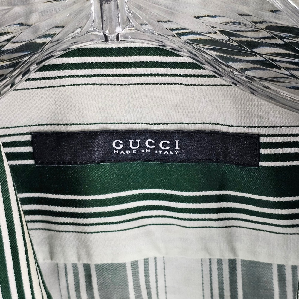 Gucci Button Down Men 16 Green White Striped Long Sleeve Cotton Dress Shirt 41 - Picture 7 of 9